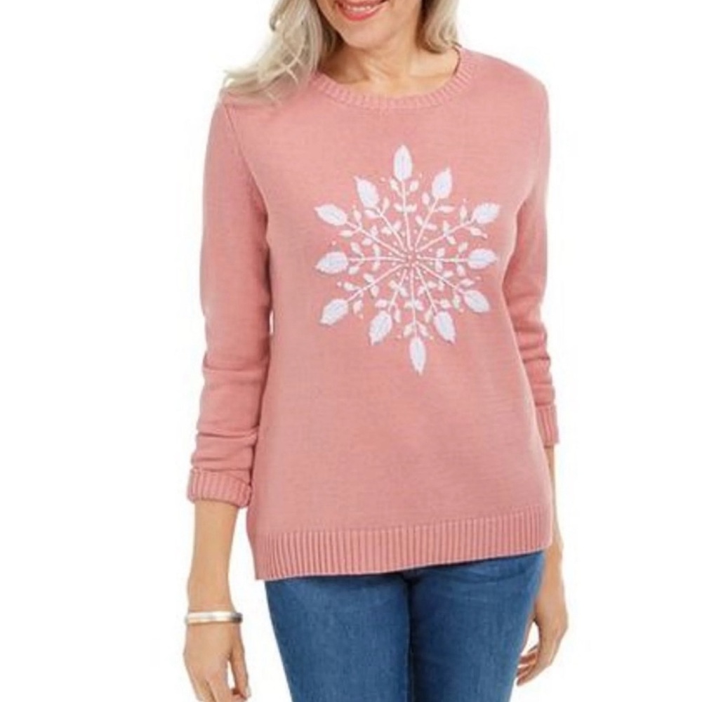 Karen Scott Peach Pink Snowflake Sweater Small Embroidered Winter Holiday